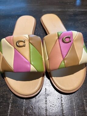 Coach Multicolor Patchwork Leather Slide Sandals in Pink, Green, Tan, Cream